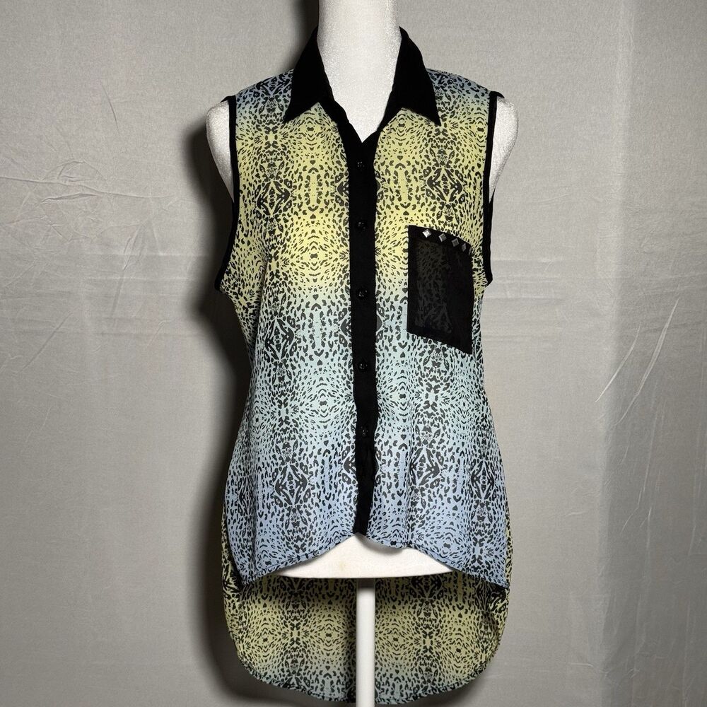 Bongo Womens S High Low Blouse Blue Green Yellow Animal Print Sleeveless Studded